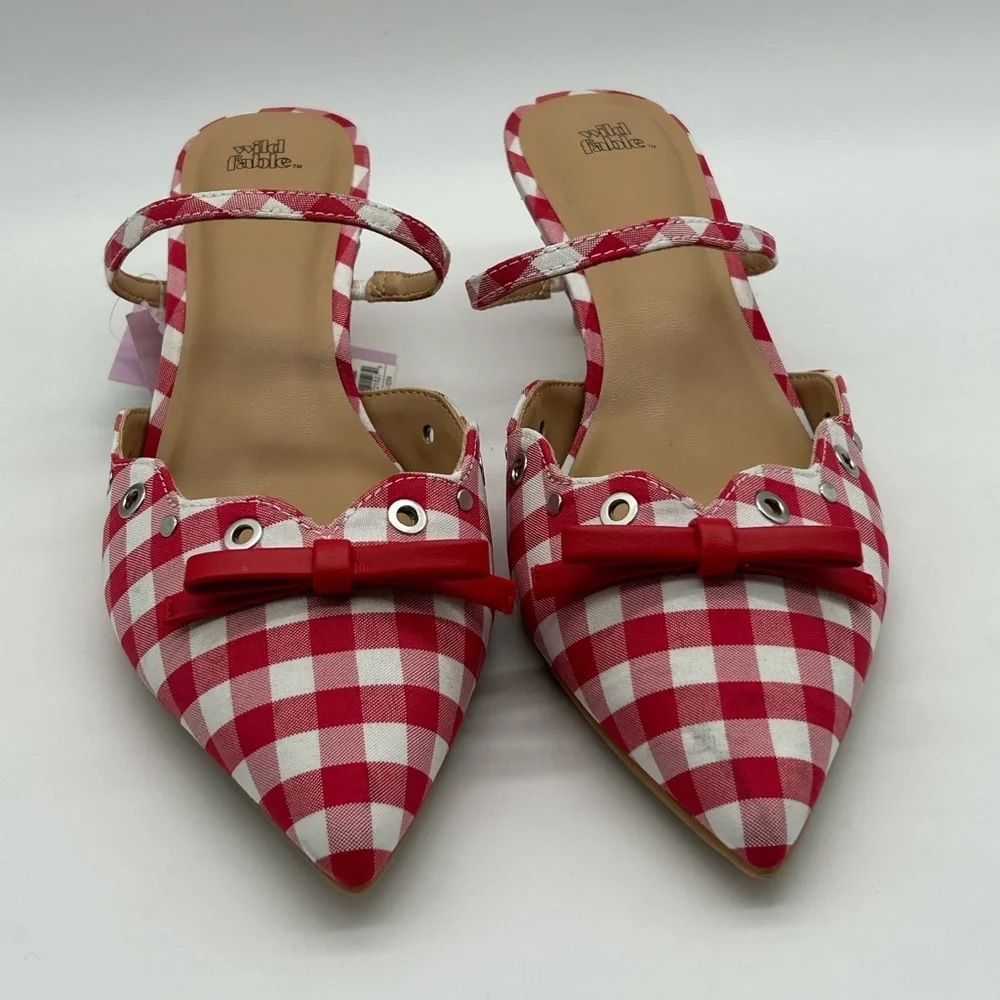 Wild Fable Red Gingham Pointed Toe Mules Size 11 Bow Kitten Heel New With Tags - Picture 6 of 10